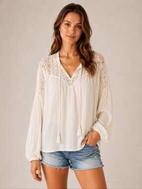 Denim & Supply Ralph Lauren Women's Cream Crochet Lace Gauze Peasant Blouse M